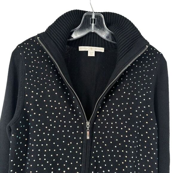 Boston Proper Cardigan Sweater Black Rhinestone Size M Silk Blend Double Zip Top - Picture 3 of 10